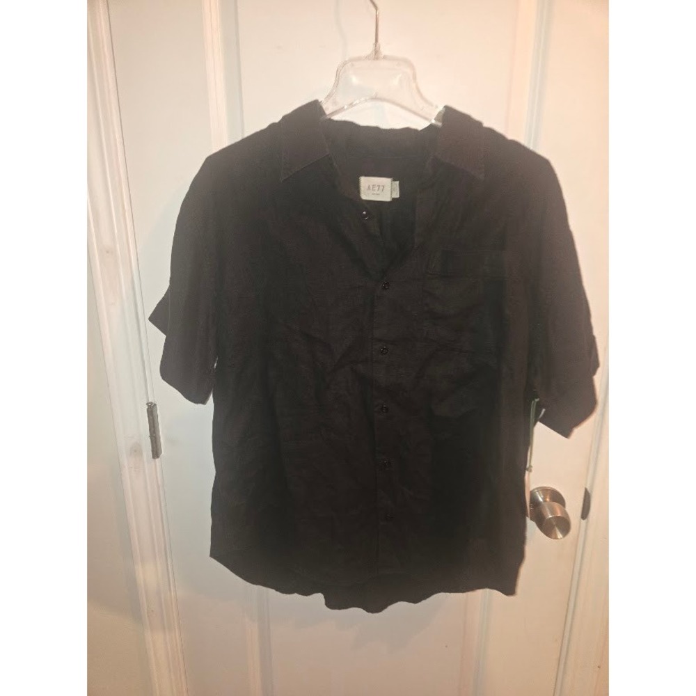 AE77 American Eagle Black 100% Linen Short Sleeve Button Down Mens Medium NWT